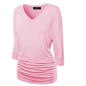 Made by Johnny Women's V-Neck 3/4 Sleeve Dolman Top with Side Shirring XXXL PINK
